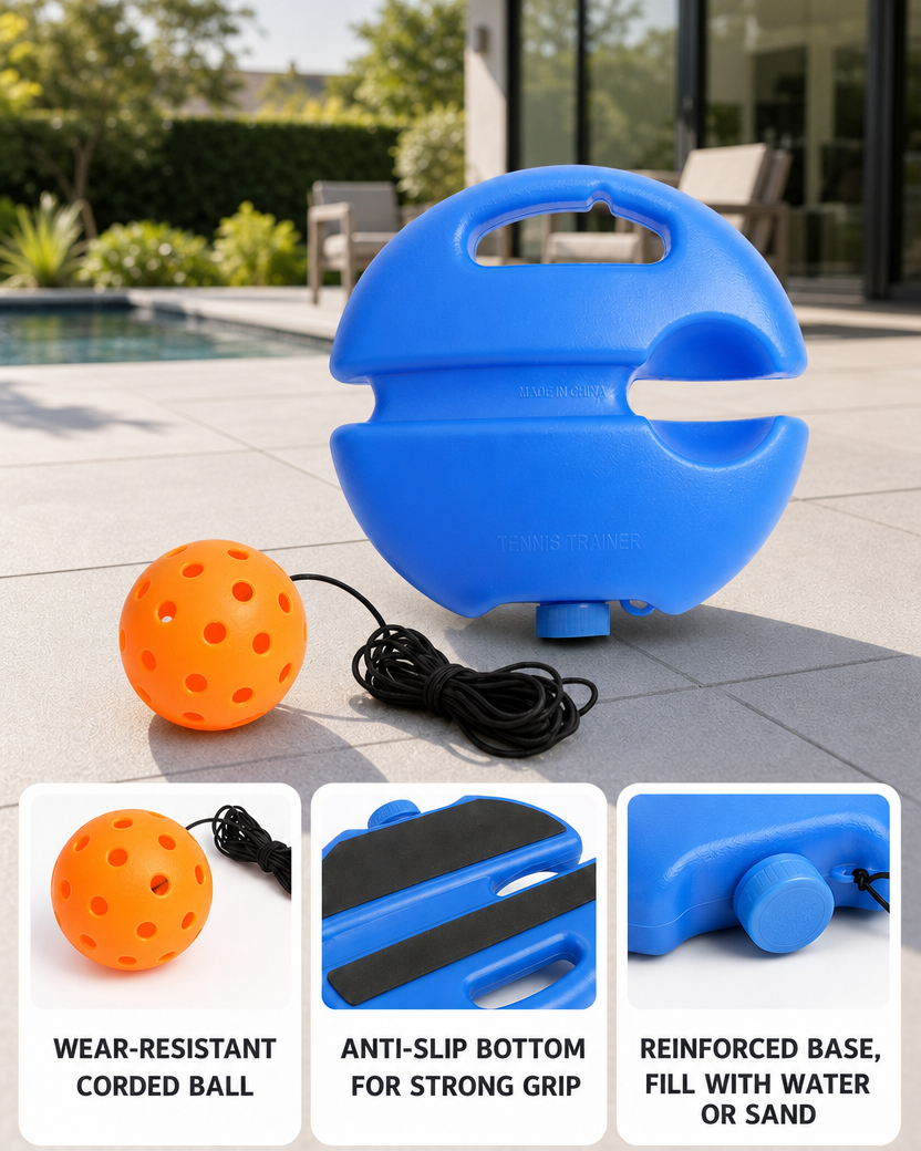 Blue pickleball trainer base with orange corded ball, showing anti-slip bottom and fillable base.